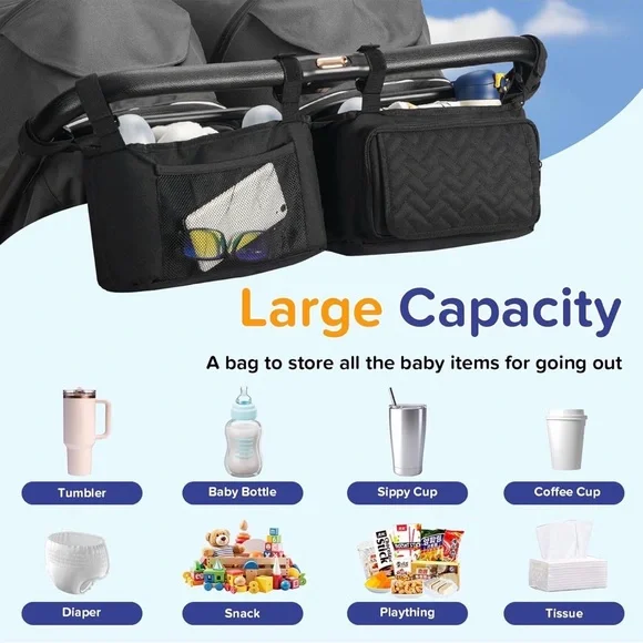 Black Double Stroller Organizer with Cup Holders - Picture 5 of 8